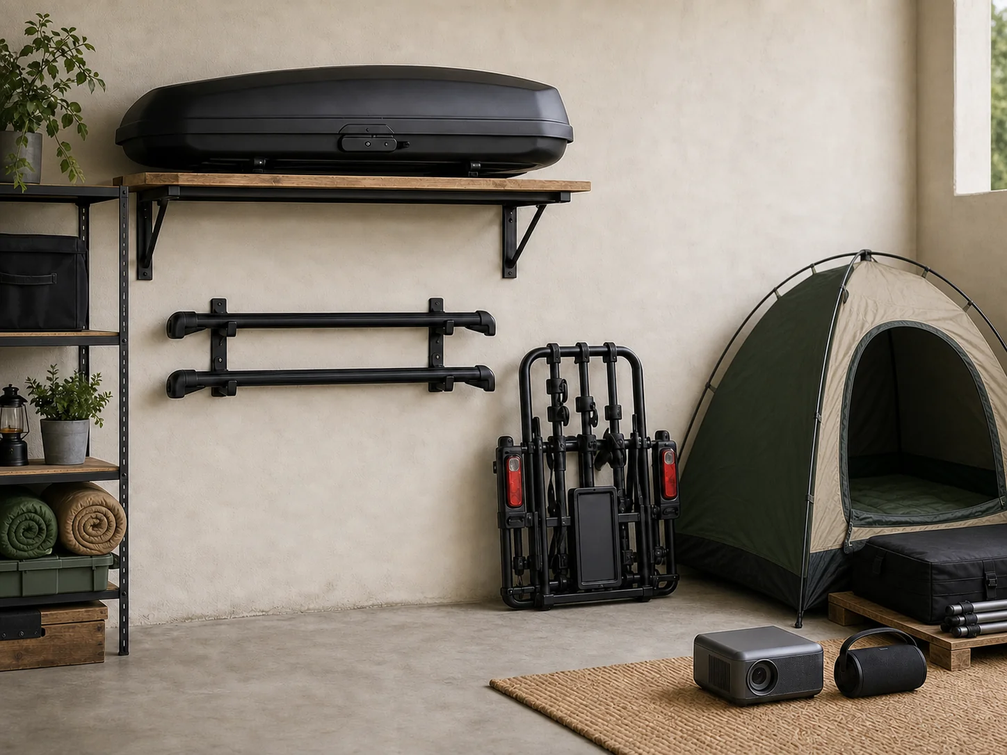 Equipamento de lazer numa garagem: mala e barras de tejadilho, suporte de bicicletas dobrado, tenda de tejadilho fechada, tenda de campismo e dois sacos-cama enrolados