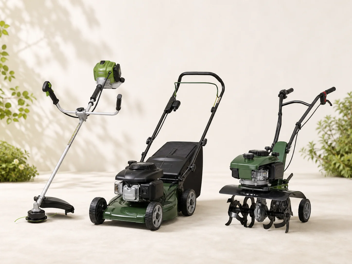 Roçadora, corta-relvas e motoenxada para jardim e terreno