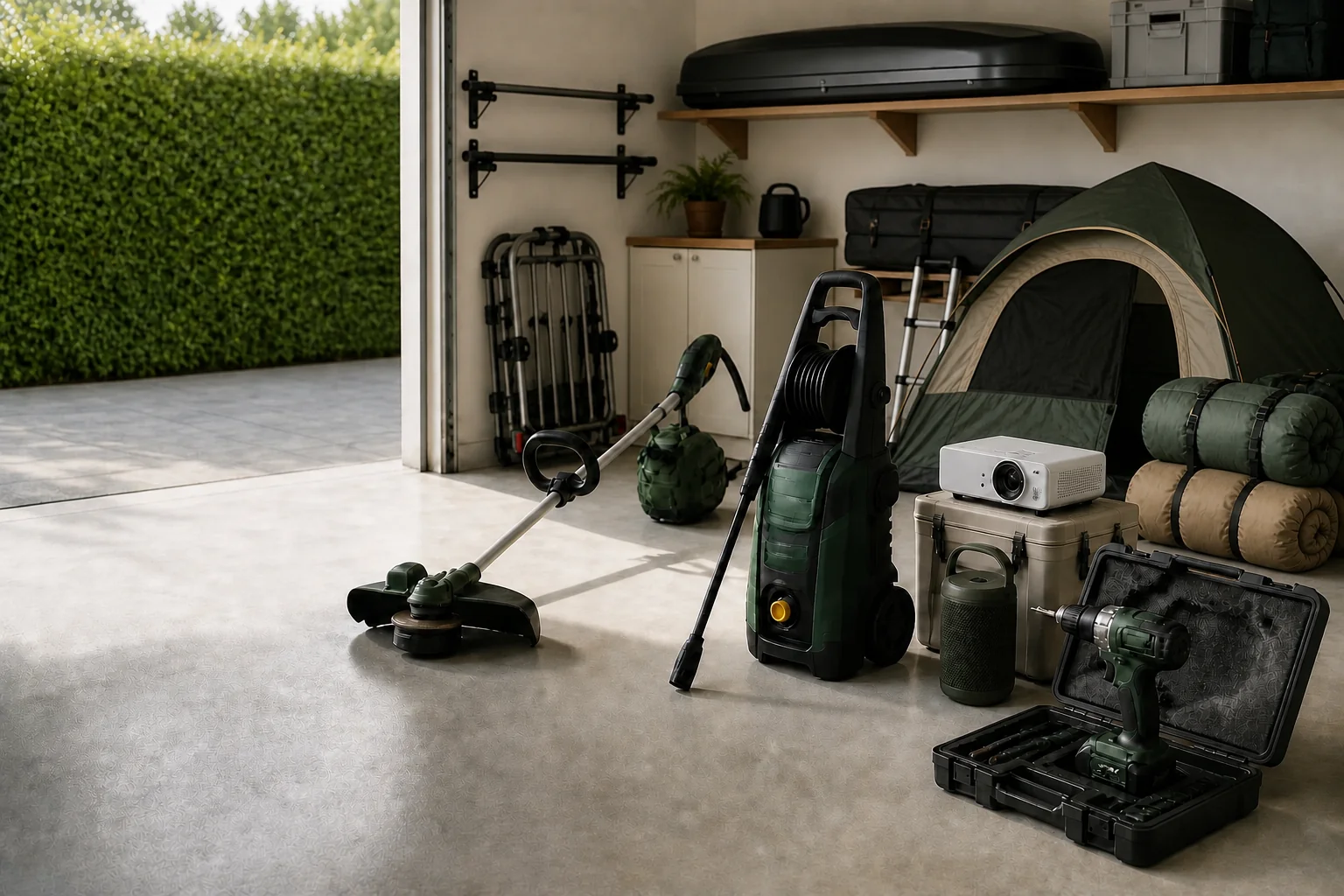 Equipamentos numa garagem doméstica, incluindo mala e barras de tejadilho, suporte de bicicletas dobrado, tenda de tejadilho fechada, tenda de campismo e dois sacos-cama enrolados